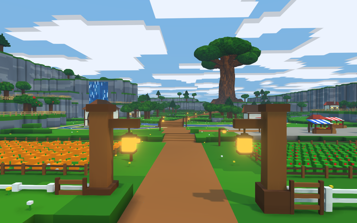 A colourful block-built garden, with crop fields, a village and a towering tree.